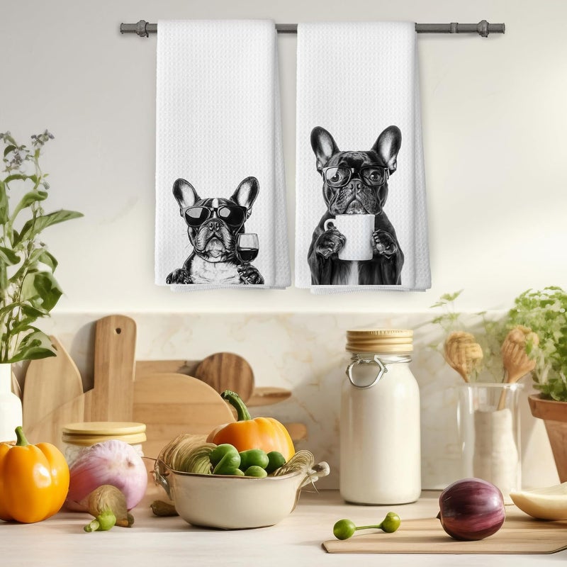 Mcehtle Funny French Bulldog Kitchen Towels Set of 2, Coffee Station Wine Bar Decor, Black and White Dog Owner Gift Hand Towel, Dog Lover Dining Room Kitchen Decorative Tea Towels 16x24 Inch - Image 4